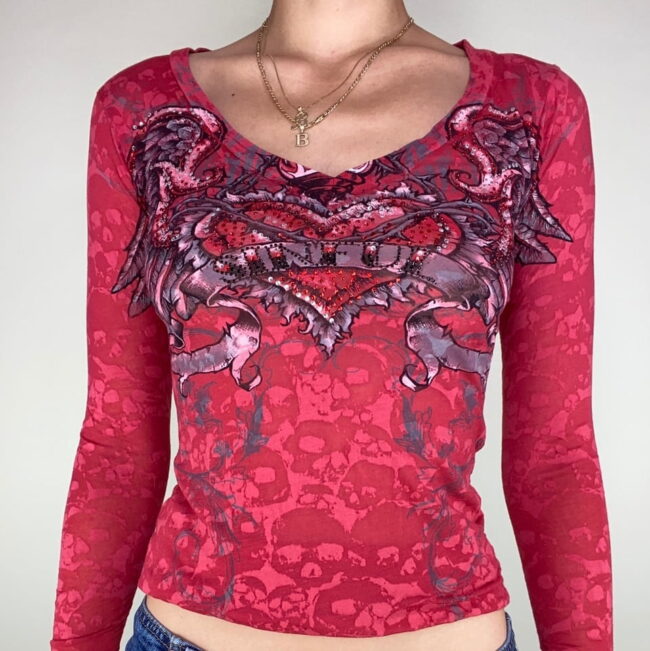 Y2K Fairycore Tshirt Angel Wings Heart Graphic | Long Sleeve Slim Crop Top Women | Vintage Kawaii Red Tees 1