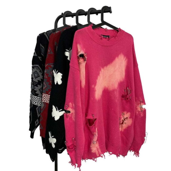 Pink Hip Hop Vintage Sweaters | Knitting Y2K Streetwear | Pin Hole Smock Unisex | Black Harajuku Broken Jumper Pullovers 6