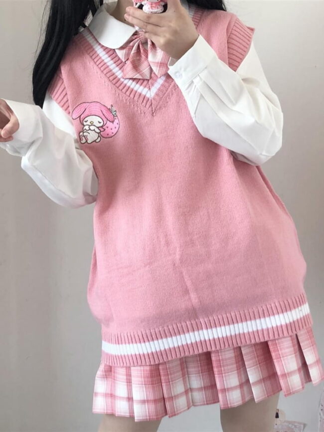 Kawaii Sweater Vest | Sweet Cute Preppy Style | Pullover V-neck Embroidery Japanese Lolita Top 1