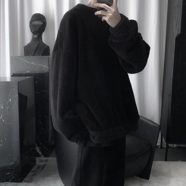 Oversize Sweatshirt Black White Color | Lamb Hair O-Neck Long Sleeve | Loose Hoodies Streetwear Harajuku 5