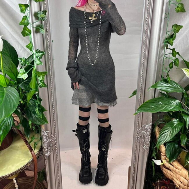 Goth Black Slash Neck Dress | Full Sleeve Knitted See-through | Y2K Punk E Girl Grunge Clothing 4