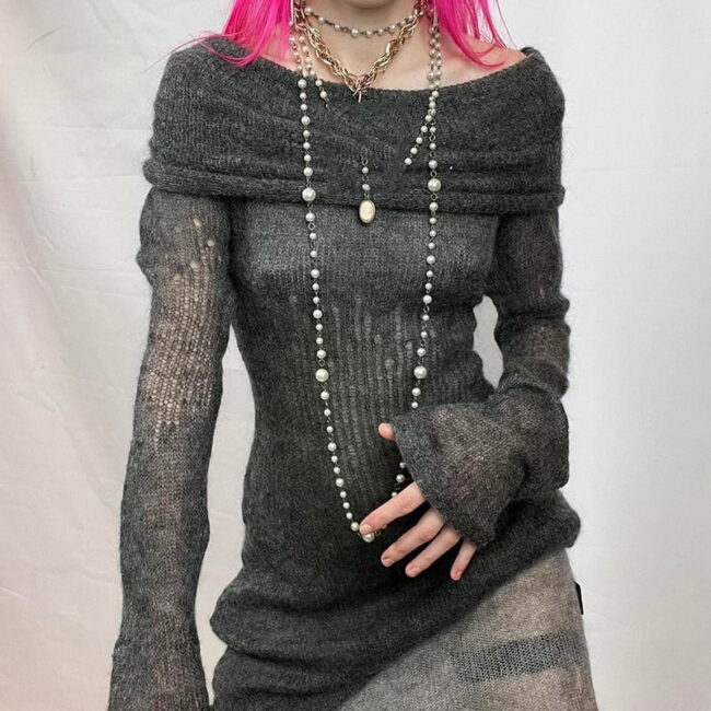 Goth Black Slash Neck Dress | Full Sleeve Knitted See-through | Y2K Punk E Girl Grunge Clothing 2