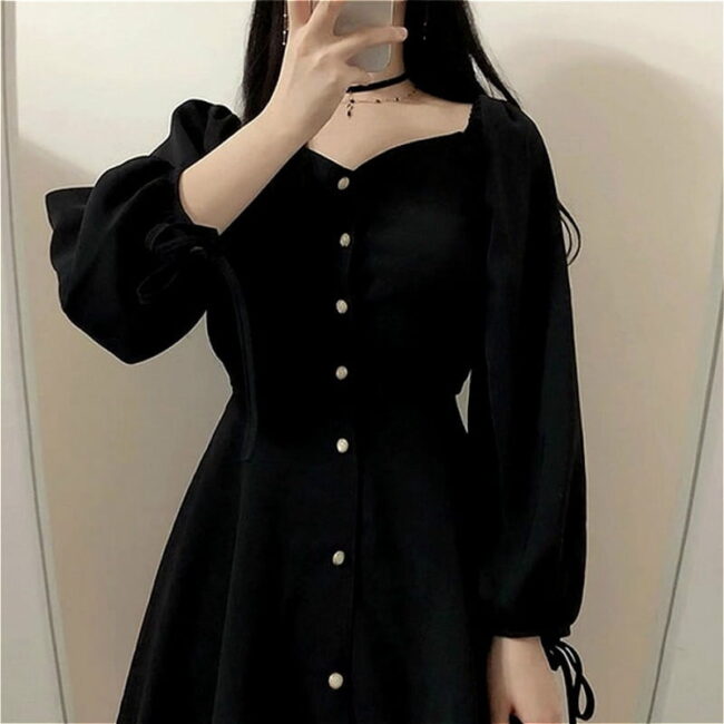 Goth Dress | Vintage Solid Daily Empire | Elegant Gothic Black Fashion | Long Sleeve Harajuku Streetwear 5