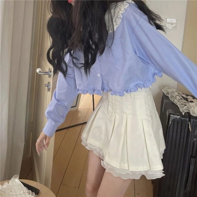 Kawaii White Shirt Women | Ruffle Lace Patchwork | Lolita Blouse Sweet Preppy Style | Tops Blue Peter Pan Collar Long Sleeve 5