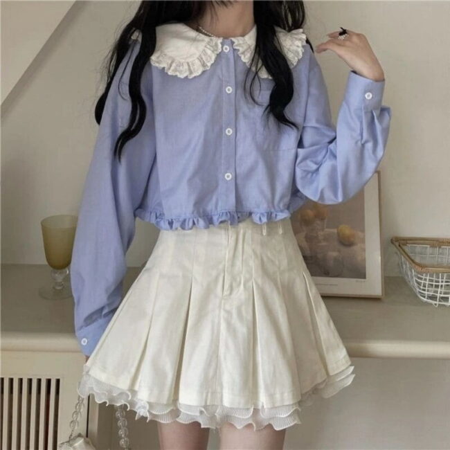 Kawaii White Shirt Women | Ruffle Lace Patchwork | Lolita Blouse Sweet Preppy Style | Tops Blue Peter Pan Collar Long Sleeve 4