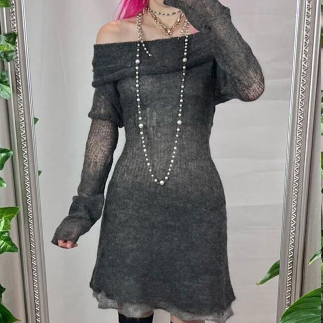 Goth Black Slash Neck Dress | Full Sleeve Knitted See-through | Y2K Punk E Girl Grunge Clothing 3