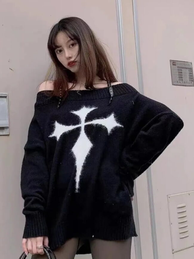 Gothic Harajuku Punk Sweater | Pullovers Y2k Goth Dark Grunge Off Shoulder Knitted Tops | Long Sleeve Egirl Clothes 5