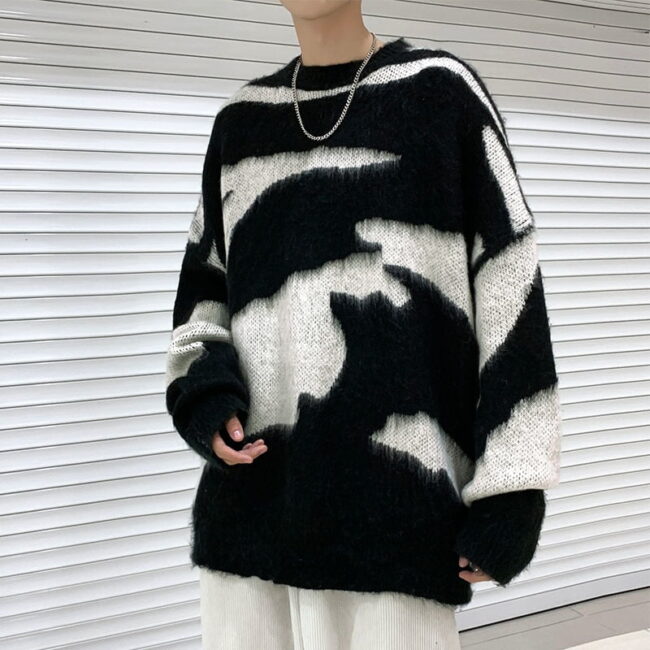 Harajuku Sweater | Goth Black White Block Jacquard Streetwear | Tie dye Casual Pullover High Street Top 2