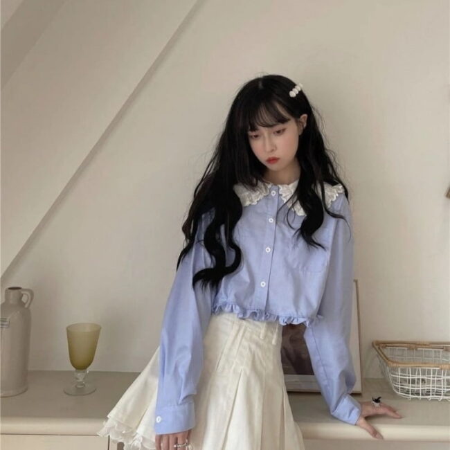 Kawaii White Shirt Women | Ruffle Lace Patchwork | Lolita Blouse Sweet Preppy Style | Tops Blue Peter Pan Collar Long Sleeve 6