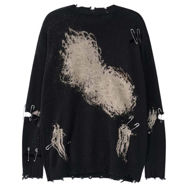 Pink Hip Hop Vintage Sweaters | Knitting Y2K Streetwear | Pin Hole Smock Unisex | Black Harajuku Broken Jumper Pullovers 4